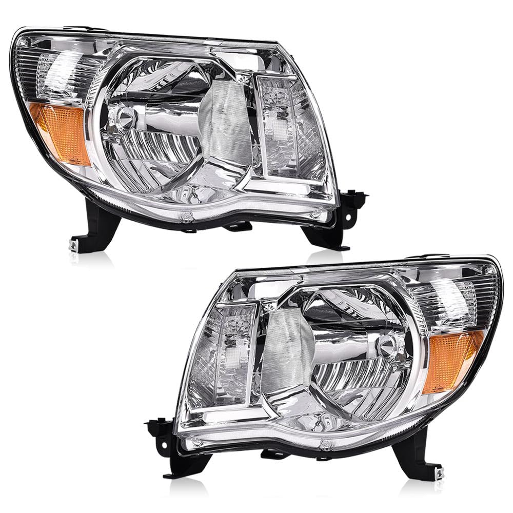 G-PLUS Headlights Assembly, Compatible with 2005 2006 2007 2008 2009 2010 2011 Toyota Tacoma Bumper Headlamps, Clear Lens Chrome Housing Amber Reflector,faros delanteros