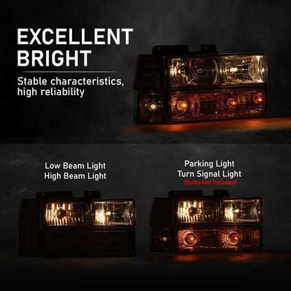 G-PLUS Headlights Combination w/Bulbs Fit GMC C10 1994-1998/Fit GMC Sierra Suburban Yukon 1994-1998 Clear Lens Chrome Housing Amber Reflector Bumper Headlamps,faros delanteros Assembly