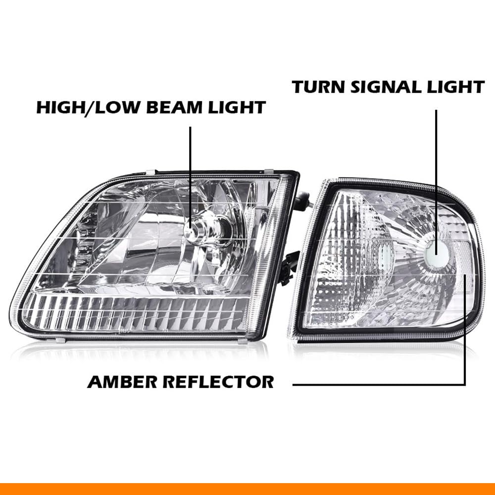 G-PLUS Headlights w/Bulbs, Fit Ford 1998-2003 F150/Fit 1997-2002 Expedition Bumper Headlamps, Clear Lens Chrome Housing Clear Reflector Left & RightBumper Headlamps,faros delanteros