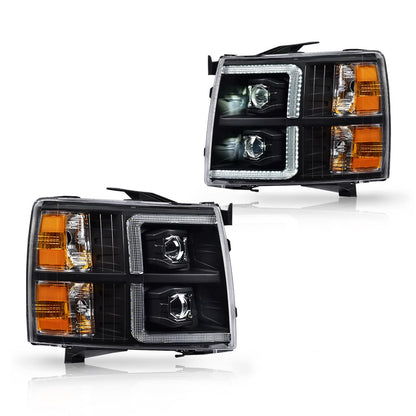 G-PLUS LED Tube Dual Projector Headlights Assembly, Fit Chevy Silverado 2500 3500 & HD 2007-2014/Fit Chevy Silverado 2007-2013,Headlamps Clear Lens Black Housing Amber Reflector,faros delanteros