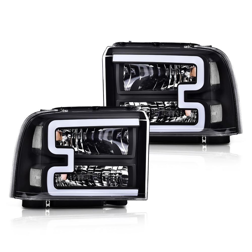 G-PLUS LED DRL BAR Headlight Assembly Compatible with Ford F250 F350 F450 F550 Super Duty 05-07 /Fit Ford Excursion 05 HeadLamps LH & RH Clear lens Black Housing White Reflector FO2503217 6C3Z13008CB