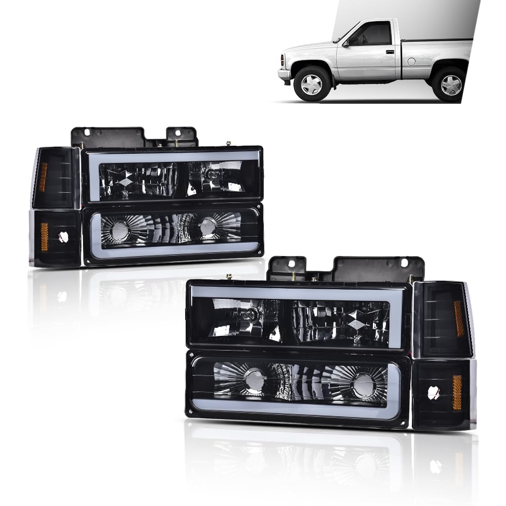 G-PLUS LED Headlights Fit GMC C1500 K1500 Yukon 1994-1999/Fit GMC C1500 C2500 K1500 K2500 Suburban 1994-1999,Bumper Headlamps Smoke Lens Black Housing Amber Reflector Left & Right,faros Assembly