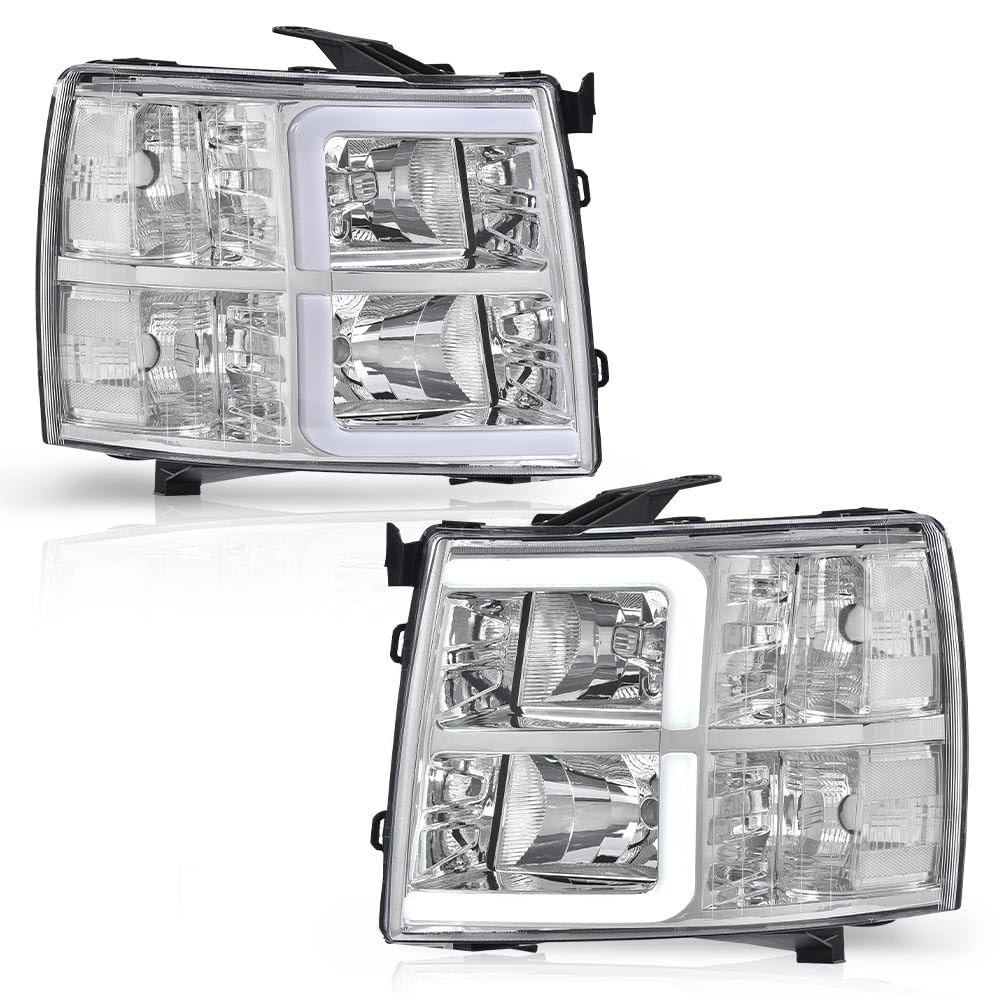G-PLUS LED DRL Tube Projector Headlights W/o Bulbs Fit Chevy Silverado 1500 2007-2013/Fit Silverado 2500 HD 3500 HD 2007-2014 Clear Lens Chrome Housing Clear Reflector Bumper Headlamps