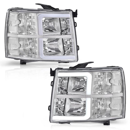 G-PLUS LED DRL Tube Projector Headlights W/o Bulbs Fit Chevy Silverado 1500 2007-2013/Fit Silverado 2500 HD 3500 HD 2007-2014 Clear Lens Chrome Housing Clear Reflector Bumper Headlamps