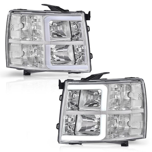 G-PLUS LED DRL Tube Projector Headlights W/o Bulbs Fit Chevy Silverado 1500 2007-2013/Fit Silverado 2500 HD 3500 HD 2007-2014 Clear Lens Chrome Housing Clear Reflector Bumper Headlamps