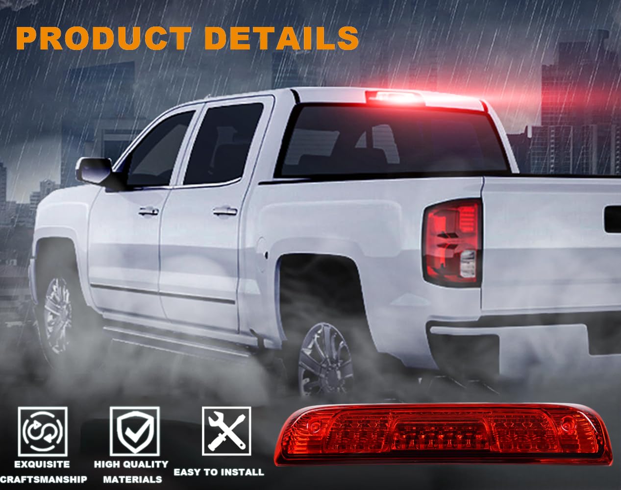 G-PLUS Rear LED Third Brake Light Compatible With 2014-2018 Chevy Silverado/GMC Sierra1500/2500HD/3500,3RD Cargo Led Tail Lamps Chrome Housing,Red lens