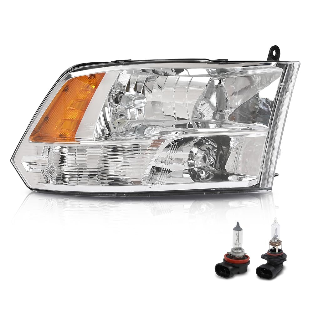 G-PLUS Headlight Assembly Front Headlamp Right Passenger Side w/Bulbs,Fit Dodge Ram 1500 2500 3500 2009-2018 Factory Clear Lens Chrome Housing Amber Reflector Bumper Headlamps,faros delanteros