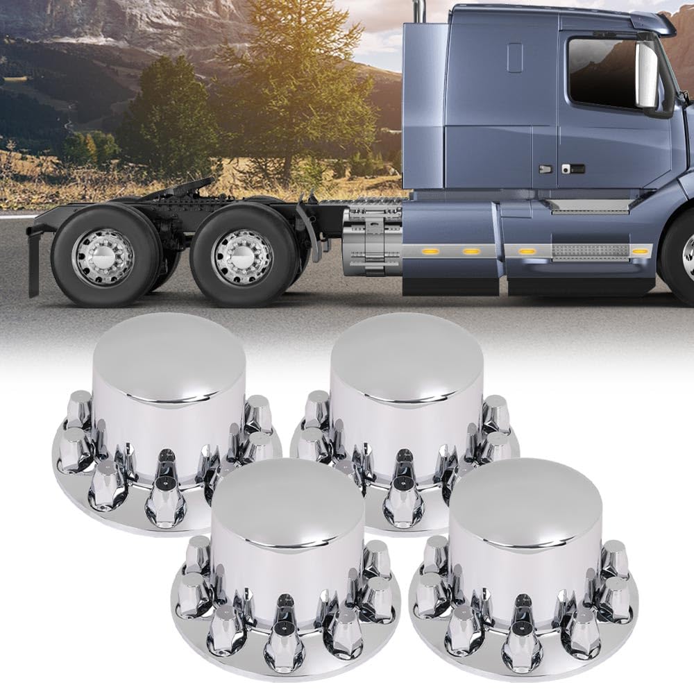 G-PLUS Chrome Wheel Covers Rear Axle Hub Caps 4 PCS Compatible with Most of 10 Holes 22.5" & 24.5" Semi-Truck Wheels with 11.25" Bolt Circle Wheels with 33mm Thread-On Lug Nut Covers