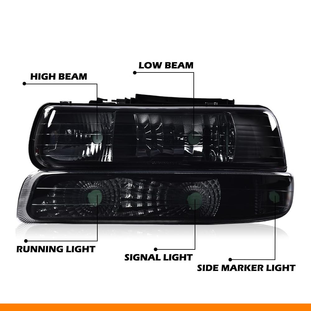 G-PLUS Headlights Assembly, Compatible with 1999-2002 Chevy Silverado/ 2000-2006 Suburban Tahoe Bumper Headlamps, Smoky Lens Black Housing Clear Reflector,faros delanteros