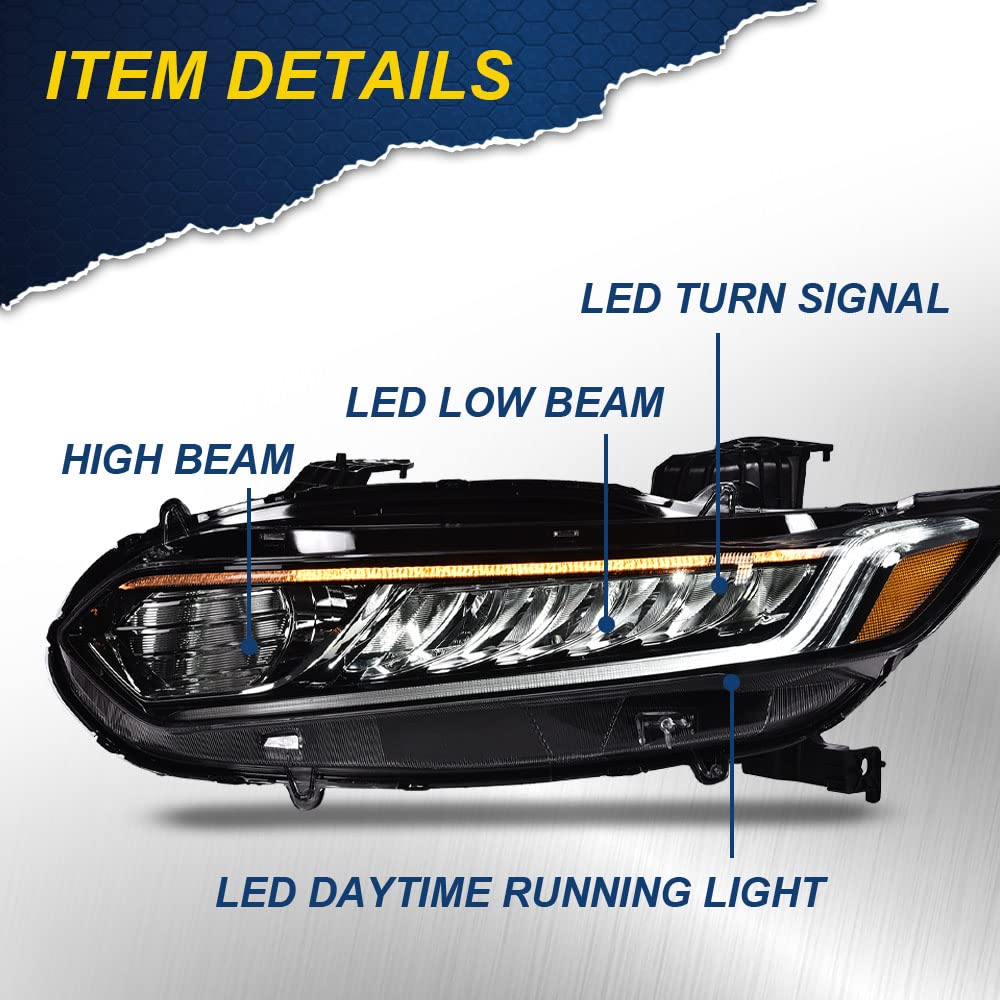 G-PLUS Headlights Assembly, Compatible with 2018 2019 2020 Honda Accord Left Bumper Headlamp, Clear Lens Black Housing Amber Reflector Bumper Headlamps,faros delanteros