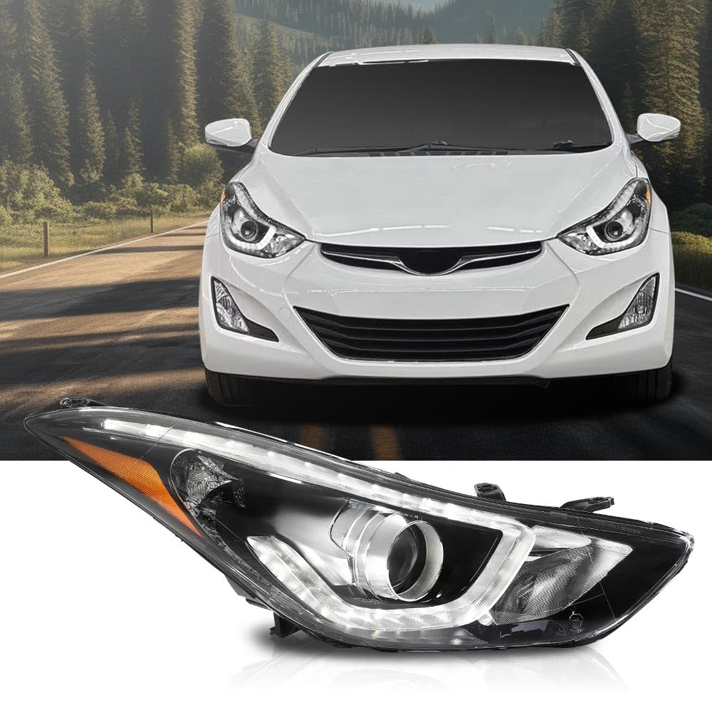 G-PLUS Headlight DRL LED Projector Right Passenger Compatible with Hyundai Elantra 2014-2016 Clear Lens Black Housing Amber Reflector Bumper Headlamps,faros delanteros
