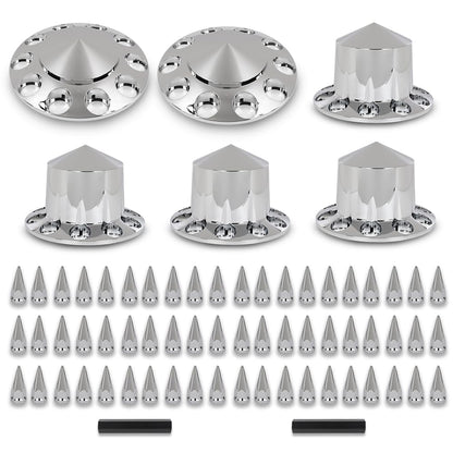 G-PLUS Front & Rear Wheel Cover Chrome Hub Cover Kit 33mm Spiked Hub Axle Compatible with Semi-Trucks 20", 22.5" and 24.5" Hub Piloted Wheels