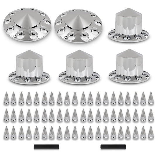 G-PLUS Front & Rear Wheel Cover Chrome Hub Cover Kit 33mm Spiked Hub Axle Compatible with Semi-Trucks 20", 22.5" and 24.5" Hub Piloted Wheels