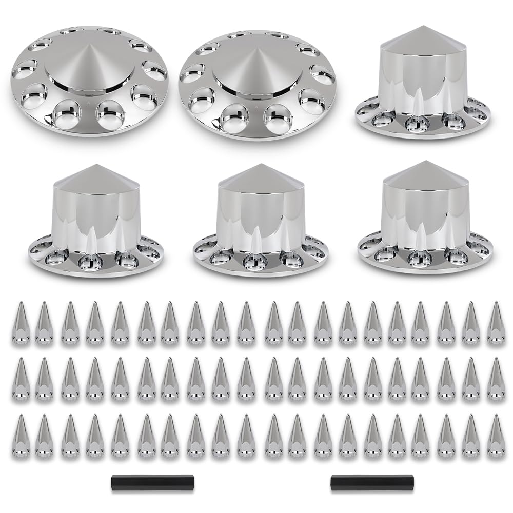 G-PLUS Chrome Hub Cover Kit, 33mm Front & Rear Semi Truck Wheel Axle Covers Spiked, Fit Semi-Trucks 20", 22.5" and 24.5" Hub Piloted Wheels