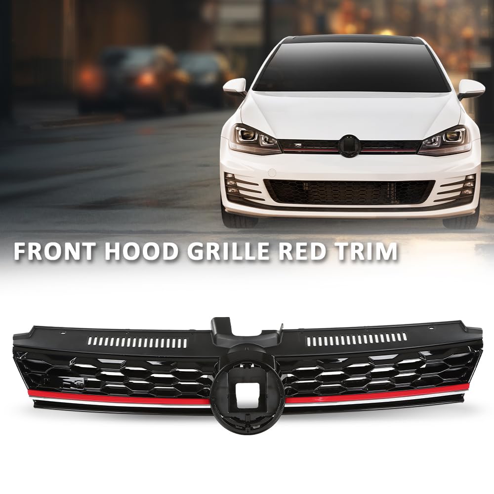 G-PLUS Front Bumper Hood Grille W/Red Trim, Compatible with Volkswagen Golf 7.5 2017-2019, 5GM853651AGCEE, 5GM853651AJCEE