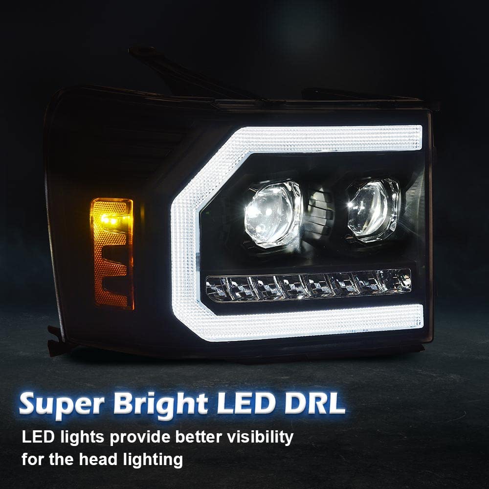 G-PLUS LED DRL Headlights Assembly Fit GMC Sierra 1500 2007-2013/Fit GMC Sierra 2500HD 3500HD 2007-2014 Headlamps Clear Lens Black Housing Amber Reflector 20980241 20980242 22853030,faros delanteros