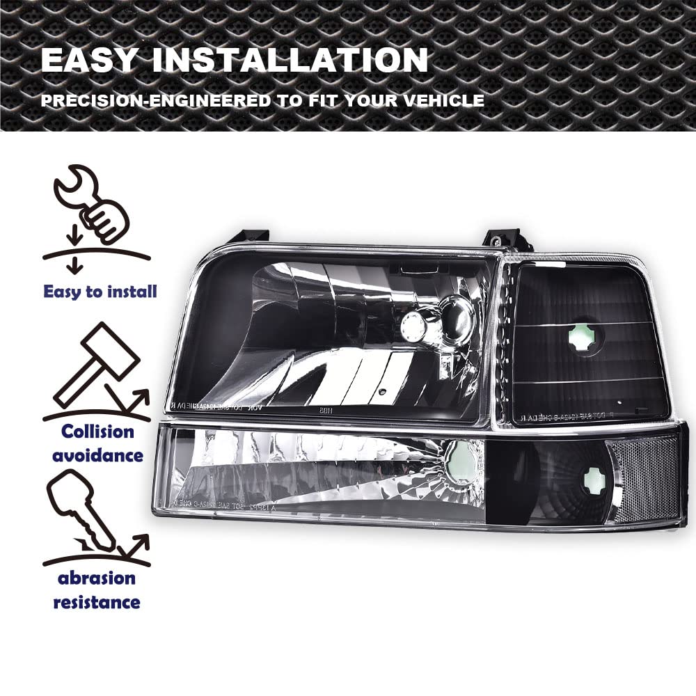 G-PLUS Headlights Fit Ford F150/250/350 Bronco/F-Super Duty 1992-1997 w/Corner Signal Driver Passenger Headlamps Clear Lens Black Housing Clear Reflector,faros delanteros