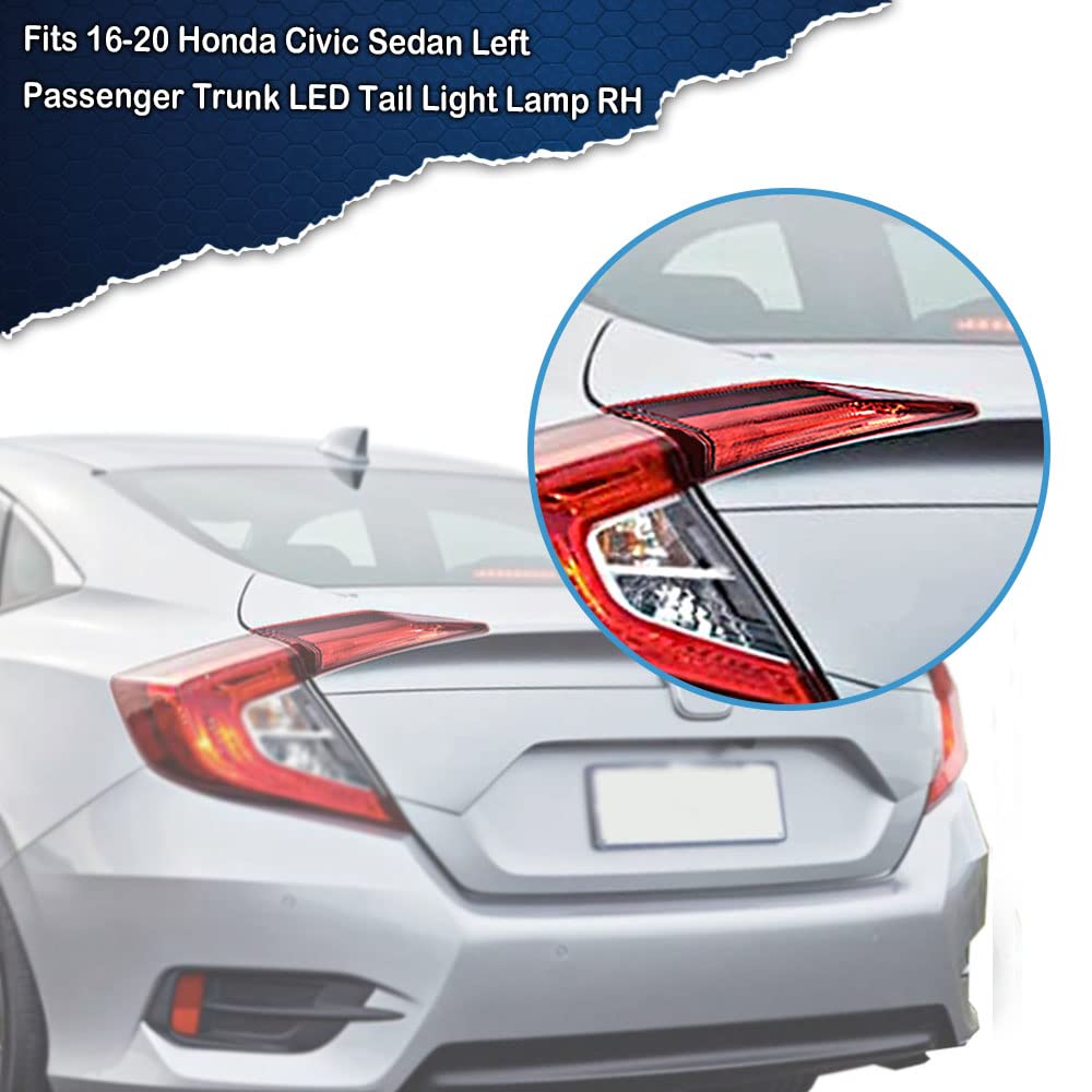 G-PLUS Tail Light - Inner Side, Replacement For 16-20 Honda Civic DX/LX/EX/EX-L/Turbo/Touring Plus/i-Style/Si/Sport 4-Door Sedan Automotive Trunk Brake Rear LED Inner Lamp Chrome Housing (Right)