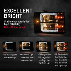 G-PLUS LED Headlights for GMC Sierra 1500 2500HD 3500HD 2007-2014 Clear Chrome Amber Side View