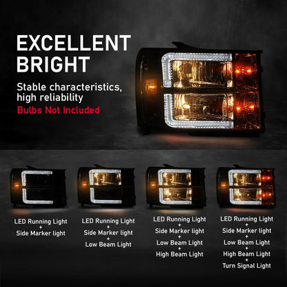 G-PLUS LED Headlights Assembly Front Headlamps Left+Right Compatible with GMC Sierra 1500 2007-2013, Fit GMC Sierra 2500HD 3500HD 2007-2014 Clear Lens Chrome Housing Amber Reflector,faros delanteros