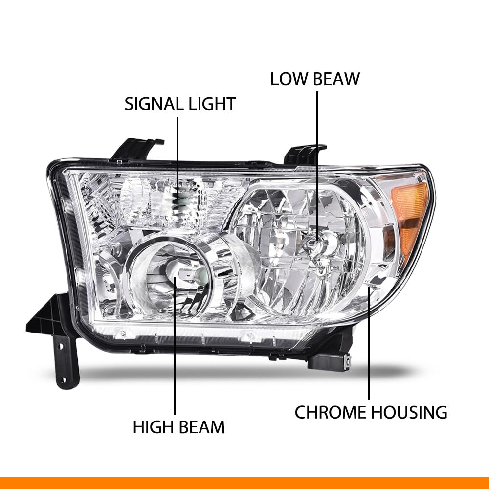 G-PLUS Headlights, Compatible with 2007-2013 Toyota Tundra /2008-2017 Sequoia,Clear Lens Chrome Housing Amber Reflector,faros delanteros