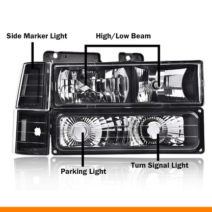 G-PLUS Headlights Assembly, Fit 1994 1995 1996 1997 1998 1999 GMC C1500 K1500 Yukon Bumper Headlamps, Clear Lens Black Housing Clear Reflector,faros delanteros