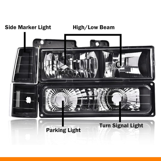G-PLUS Headlights Assembly, Fit 1994 1995 1996 1997 1998 1999 GMC C1500 K1500 Yukon Bumper Headlamps, Clear Lens Black Housing Clear Reflector,faros delanteros