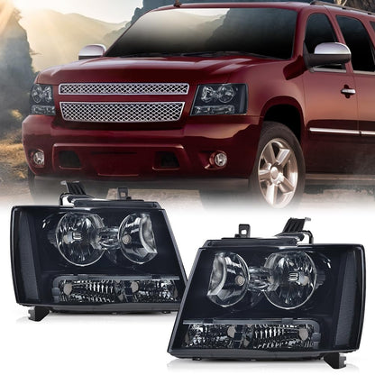 G-PLUS Headlights Assembly Compatible with Chevy Tahoe Subarban Avalanche 2007-2014 Set Pair Bumper Corner Headlamps Left & Right Smoky Lens Black Housing Clear Reflector,faros delanteros