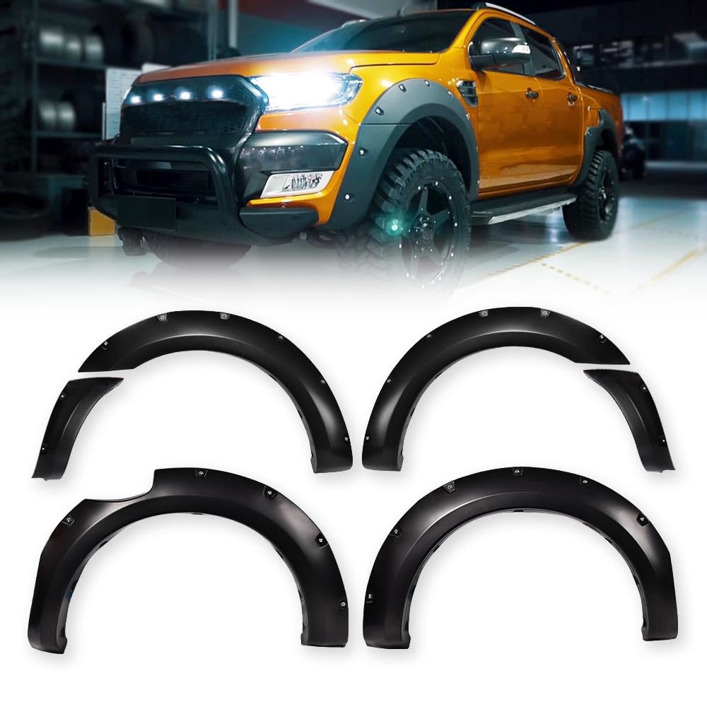 G-PLUS 6PCS Fender Flares Compatible with Ford Ranger T6 XL XLT 2011-2018 (2015-UP Model Must Remove The Factory Mudflaps) Wheel Opening Molding Arch Trim, Smooth Riveted Style