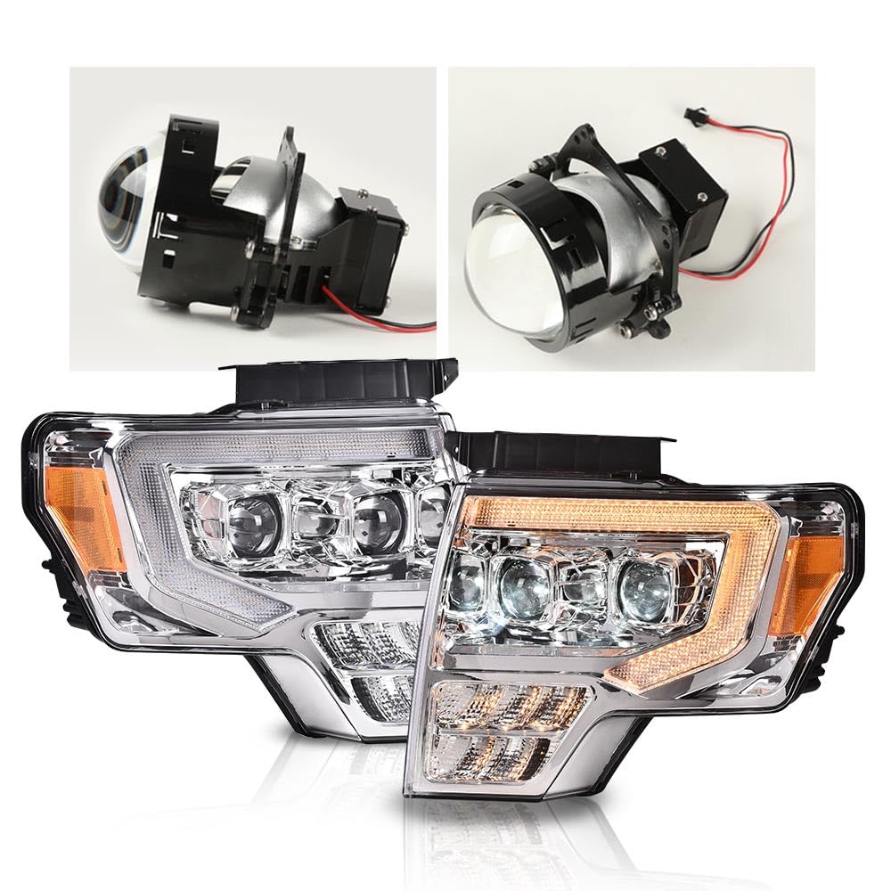 G-PLUS Headlights LED DRL Compatible with Ford F150 2009-2014 Headlamps Pair Left & Right Tube Dual Projector Clear Lens Chrome Housing Amber Reflector,faros delanteros