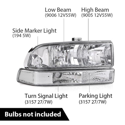 G-PLUS Headlights Corner Bumper Turn Signal w/o Bulbs Fit Chevy Blazer 1998-2005 / Fits Chevy S10 Pickup 1998-2004 Clear Lens Chrome Housing Clear Reflector Bumper Headlamps,faros delanteros Assembly