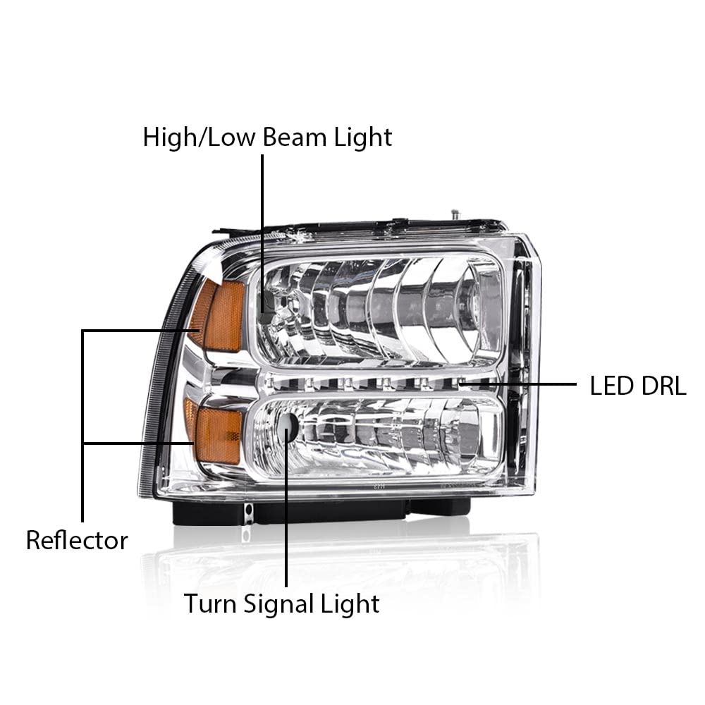 G-PLUS LED Headlights Compatible with Point StyleFord F250 F350 F450 F550 Super Duty 2005-2007 DRL BAR Headlamps Clear Lens Chrome Housing Amber Reflector,faros delanteros