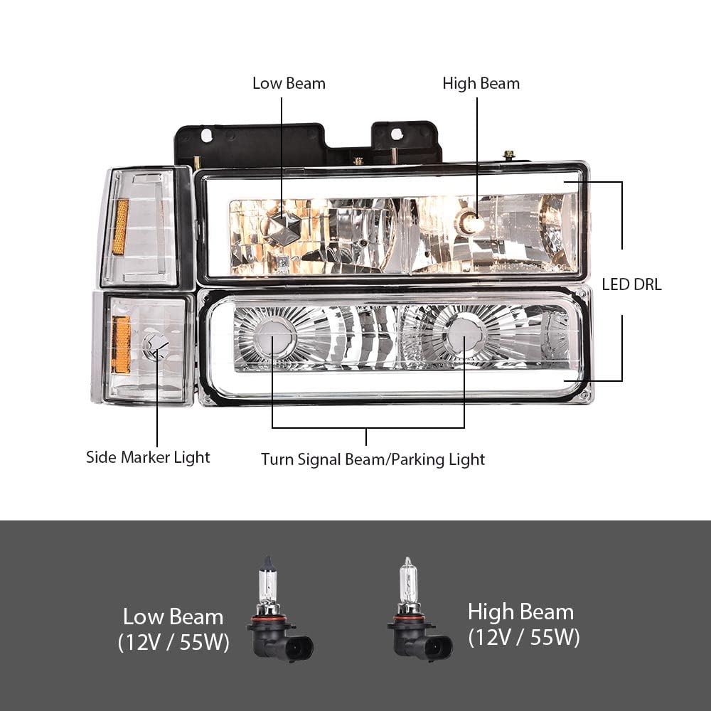 G-PLUS LED Headlights Assembly w/Bulbs Fit GMC C1500 K1500 Yukon 1994-1999, Fit GMC C2500 C3500 K2500 K3500 1994-2000, Left & Right Headlamps Assembly, Clear Lens Chrome Housing Amber Reflector