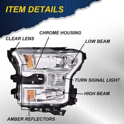 G-PLUS Headlights Assembly, Compatible with 2015 2016 2017 Ford F150,Not Fit w/Factory LED & HID Headlights Left+Right Bumper Headlamps, Clear Lens Chrome Housing Amber Reflector,faros delanteros