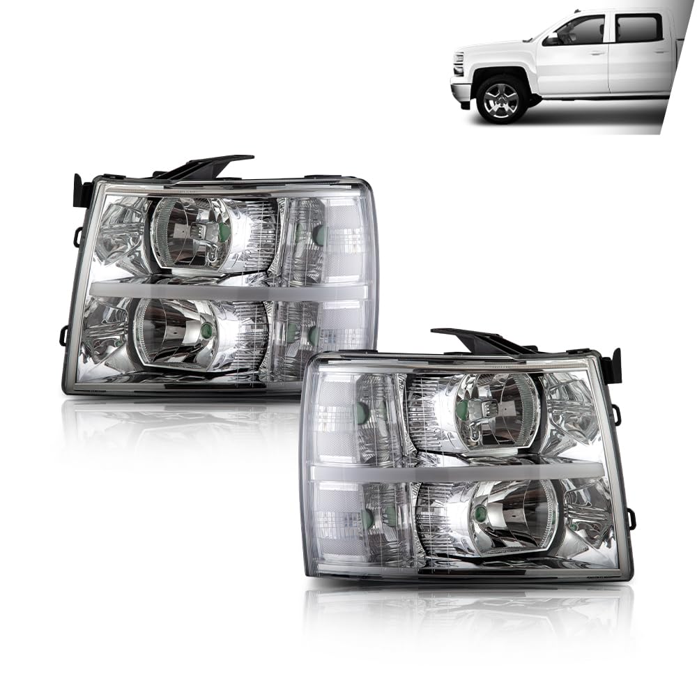 G-PLUS LED DRL Headlights, Fit Chevy Silverado 2500 3500 & HD 2007-2014/Fit Chevy Silverado 1500 2007-2013 Headlamps, Left & Right Clear Lens Chrome Housing Clear Reflector,faros delanteros
