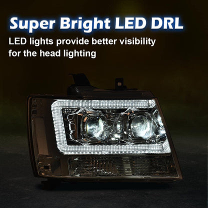 G-PLUS LED Tube Dual Projector Headlights, Compatible with 2007-2014 Chevy Tahoe/Suburban Bumper Headlamps Assembly, Clear Lens Chrome Housing Clear Reflector,faros delanteros