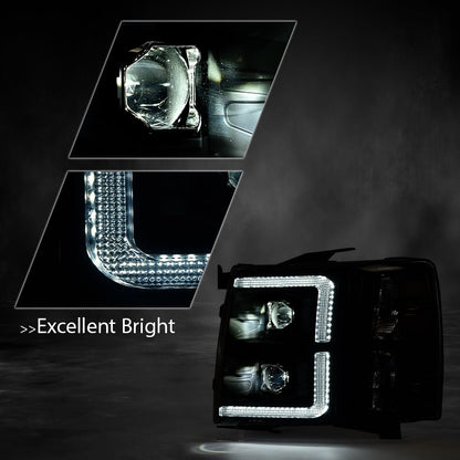 G-PLUS LED Tube Dual Projector Headlights,Fit Chevy Silverado 1500 2007-2013/Fit Chevy Silverado 2500 3500 & HD 2007-2014,Pair Headlamps faros delanteros,Smoke Lens Black Housing Clear Reflector