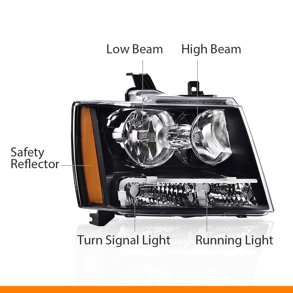 G-PLUS Headlights Assembly Fit Chevy Tahoe Subarban Avalanche 2007-2014 Right Passenger Side Bumper Corner Headlamp Clear Lens Black Housing Amber Reflector Bumper Headlamps,faros delanteros