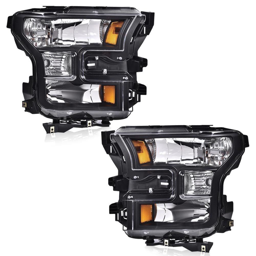 G-PLUS Headlights Compatible with Ford F150 2015-2017 Headlamps Driver Passenger Side Clear Lens Black Housing Amber Reflector,faros delanteros