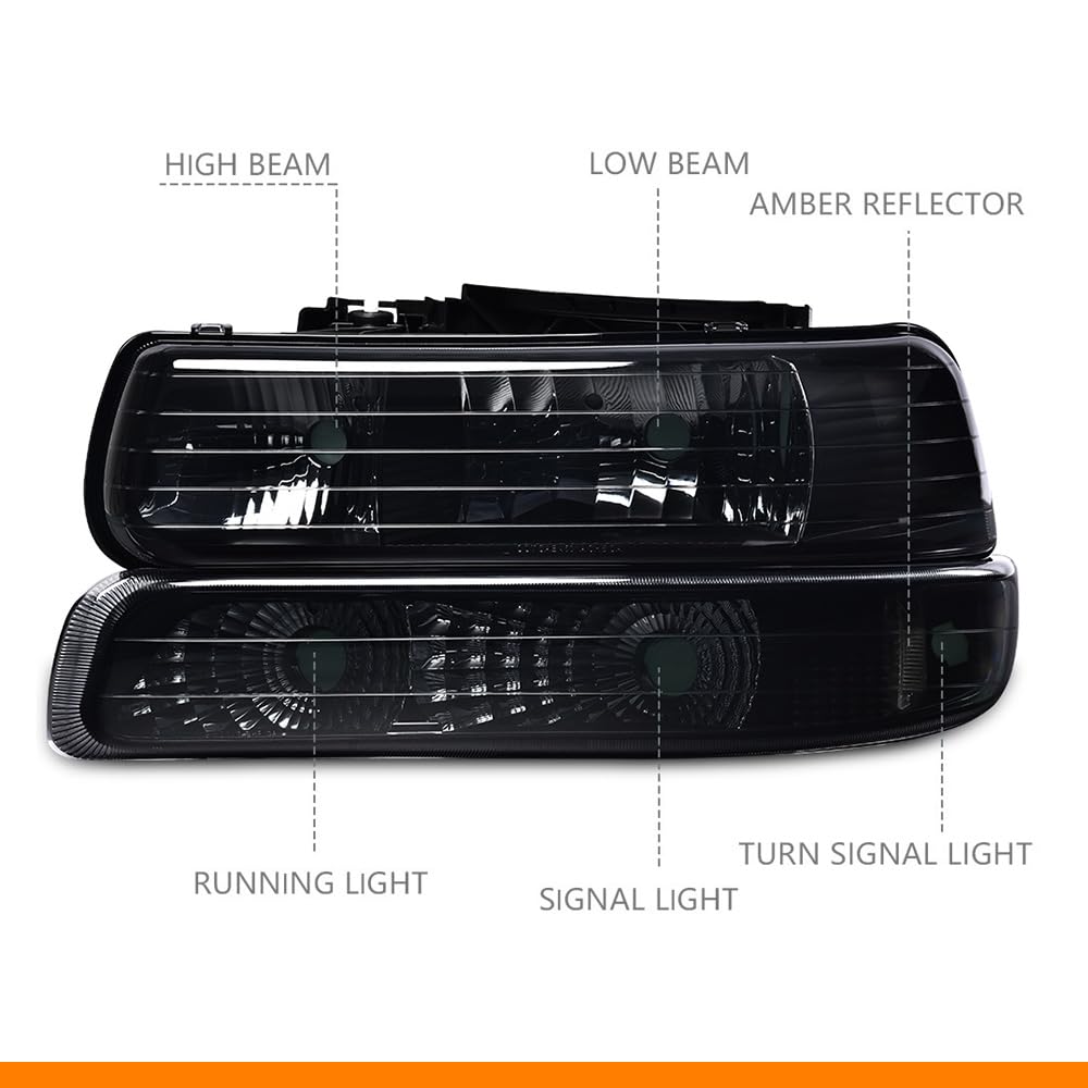 G-PLUS Left & Right Headlight & LED 3rd Third Brake Light Compatible with Chevy Silverado GMC Sierra 1500 2500HD 3500 1999-2006