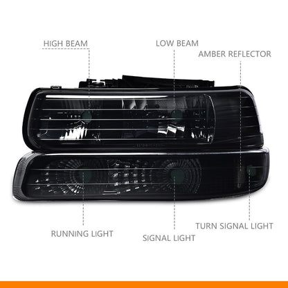 G-PLUS Left & Right Headlight & LED 3rd Third Brake Light Compatible with Chevy Silverado GMC Sierra 1500 2500HD 3500 1999-2006
