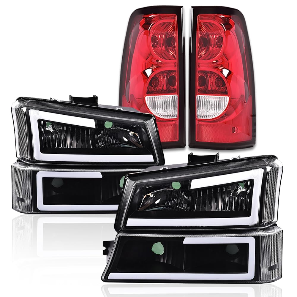 G-PLUS LED DRL Headlights Assembly & Tail Lights Fit Chevy Silverado 1500 1500 HD 2500 2500 HD 2003-2006, Clear Lens Black Housing Clear Reflector Headlamps Assembly Red Taillights