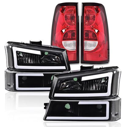 G-PLUS LED DRL Headlights Assembly & Tail Lights Fit Chevy Silverado 1500 1500 HD 2500 2500 HD 2003-2006, Clear Lens Black Housing Clear Reflector Headlamps Assembly Red Taillights