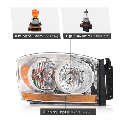 G-PLUS Headlights Assembly w/Bulbs Light Bar Right Passenger Side Compatible with Dodge Ram 1500 2006-2008/Fit Dodge Ram 2500 3500 2006-2009 Clear Lens Chrome Housing Amber Reflector 55077794AB