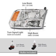 G-PLUS Headlights 2PCS for Dodge Ram 1500 2500 3500 2009-2018 Chrome Housing Side View