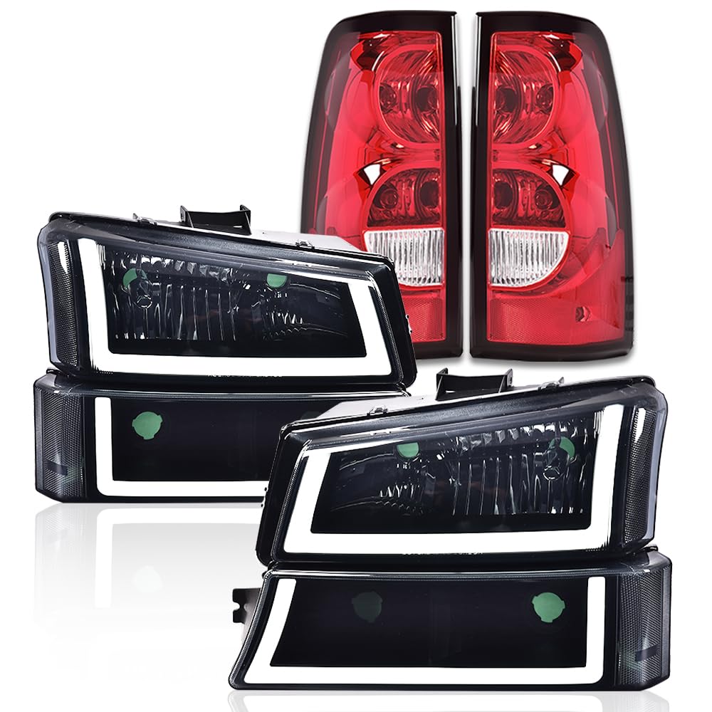 G-PLUS LED Headlights Assembly & Tail Lights Fit Chevy Silverado 1500 1500 HD 2500 2500 HD 2003-2006, Smoky Lens Black Housing Clear Reflector Headlamps Assembly Red Taillights