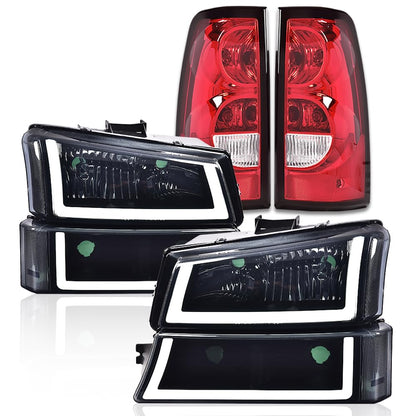 G-PLUS LED Headlights Assembly & Tail Lights Fit Chevy Silverado 1500 1500 HD 2500 2500 HD 2003-2006, Smoky Lens Black Housing Clear Reflector Headlamps Assembly Red Taillights