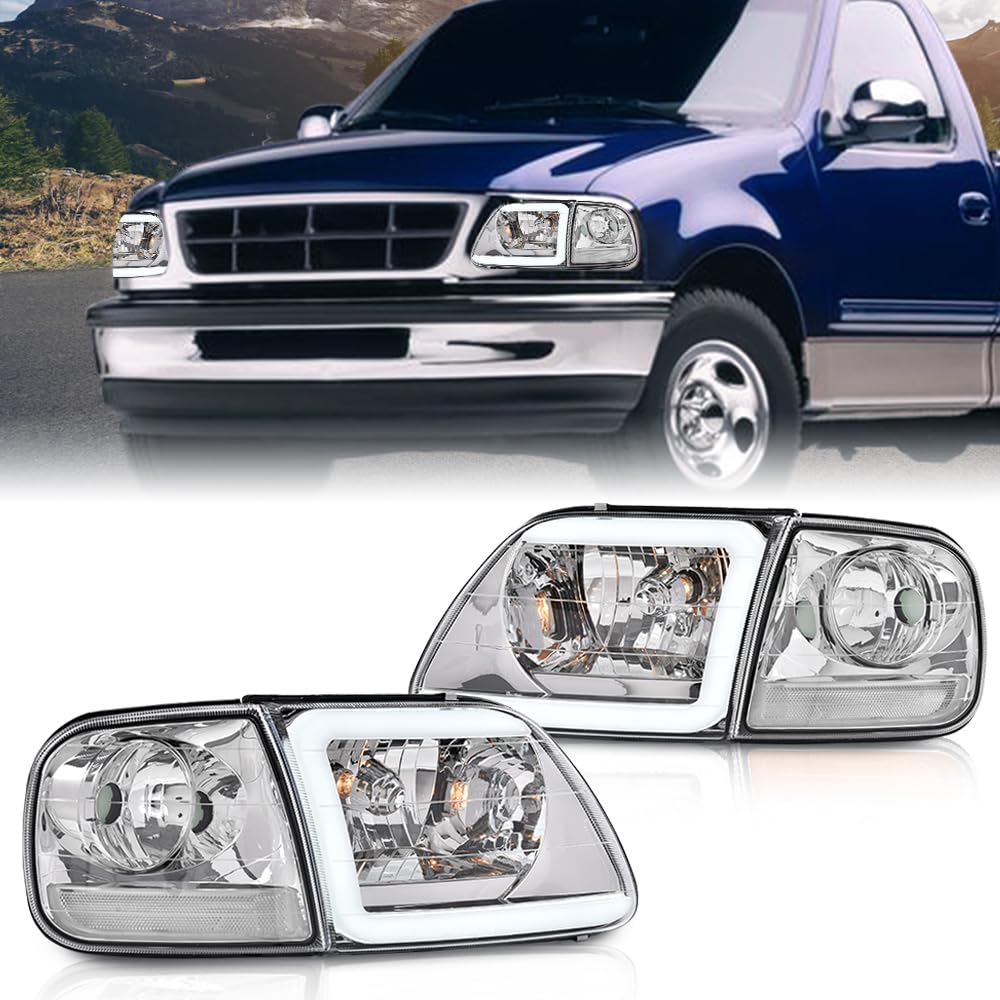 G-PLUS LED DRL Lightning Style Headlights & Corner Parking Lights Compatible with 1997-2002 Ford Expedition/Fit 1998-2003 Ford F150/Fit 1997-1999 F250 Clear Lens Chrome Housing Clear Reflector