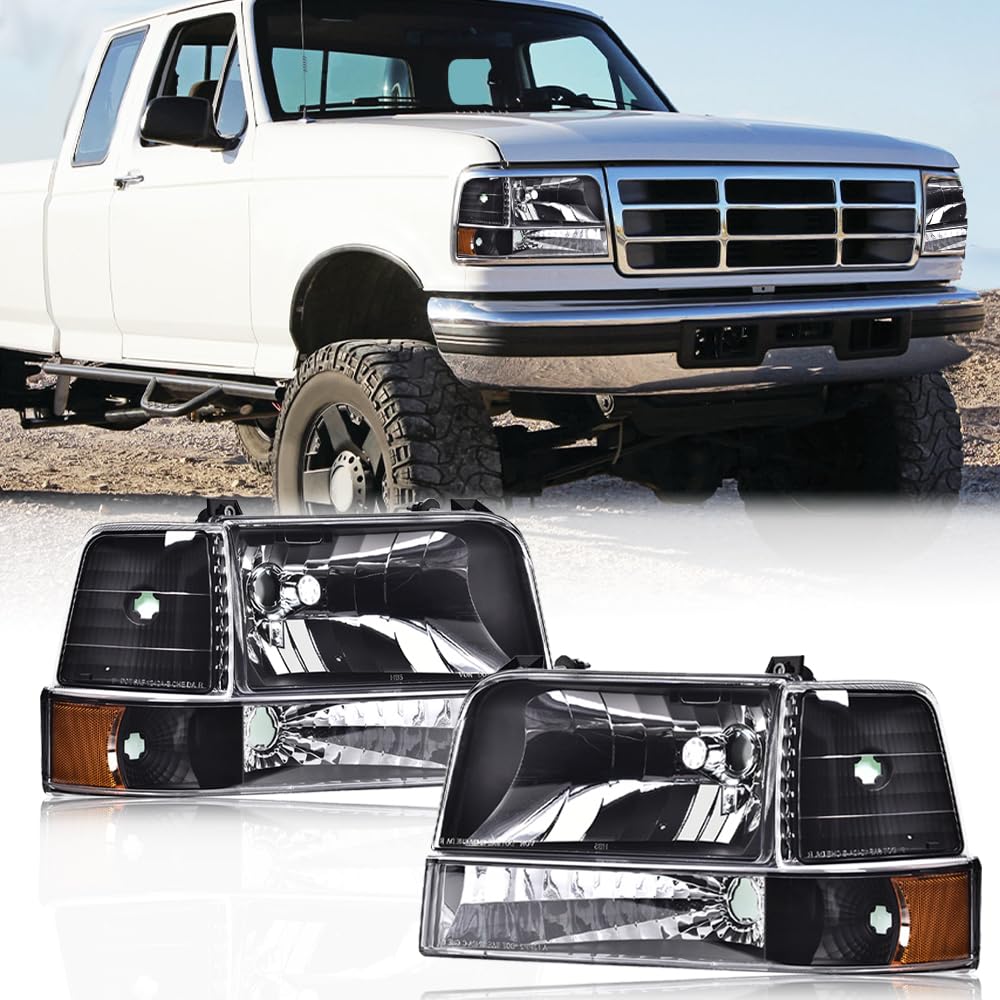 G-PLUS Headlights Fit Ford F150 250 350 Bronco/F-Super Duty 1992-1997 w/Corner Signal Driver Passenger Headlamps Clear Lens Black Housing Amber Reflector,faros delanteros