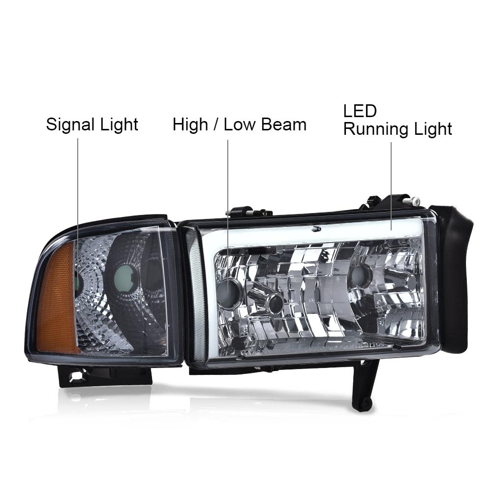G-PLUS LED Headlights Assembly Fit Dodge Ram 1500 1994-2001,Fit Dodge Ram 2500 3500 1994-2002(Not for Ram Sport) Headlamps w/o Bulbs Smoky Lens Chrome Housing Amber Reflector Left & Right